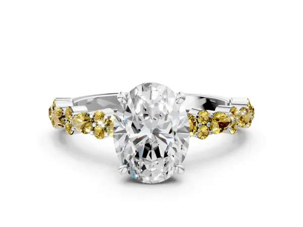Oval Cut Diamond Side Stone Solitaire Ring with Round Yellow Sapphire and Four-Prong Setting White gold