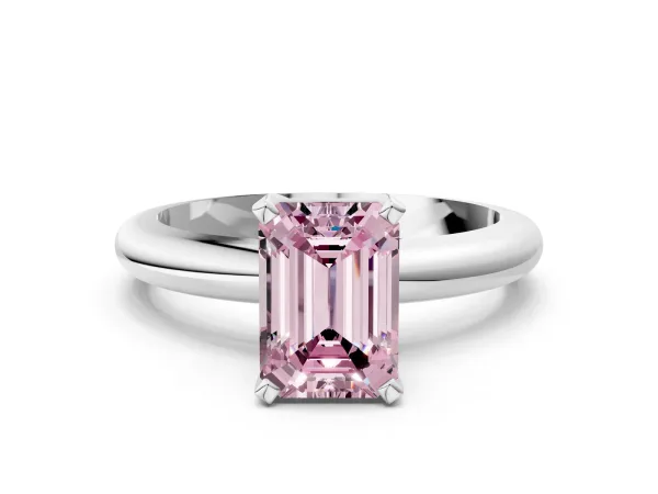 Fancy Pink Emerald Cut Diamond Solitaire Engagement Ring with Round Band and Four-Prong Setting White gold