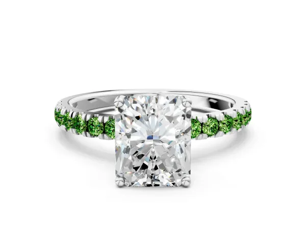Radiant Cut Diamond Pave Band Solitaire Ring with Round Peridot and Prong Setting Platinum