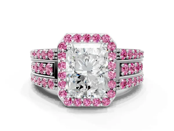 Radiant Cut Halo Diamond Ring with Round Pink Sapphire Split Shank and Prong Setting Platinum