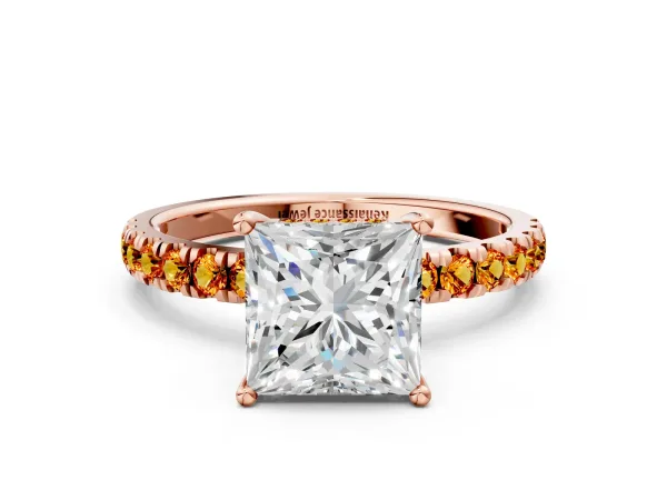Princess Cut Diamond Pave Band Solitaire Ring with Round Citrine and Prong Setting Rose gold