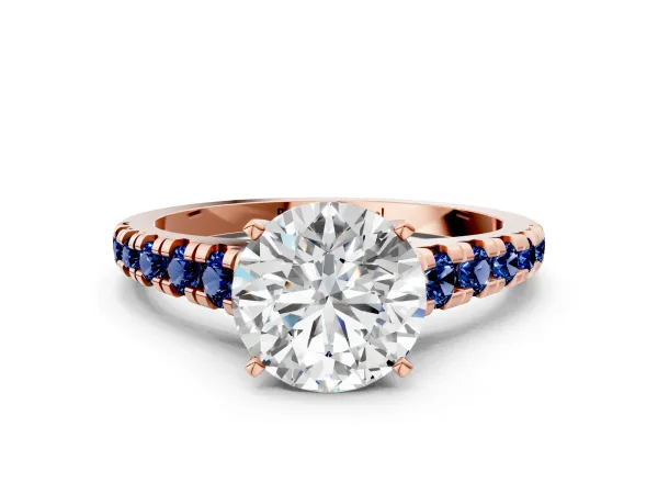 Round Cut Diamond Cathedral Solitaire Ring with Round Blue Sapphire Pavé Band Rose gold