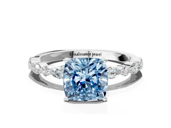 Fancy Blue Cushion Cut Diamond Ring with Marquise and Round Side Stones and Four-Prong Setting Platinum
