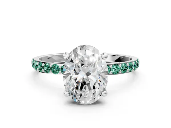 Oval Cut Diamond Solitaire Ring with Round Green Sapphire Pavé Band and Prong Setting Platinum