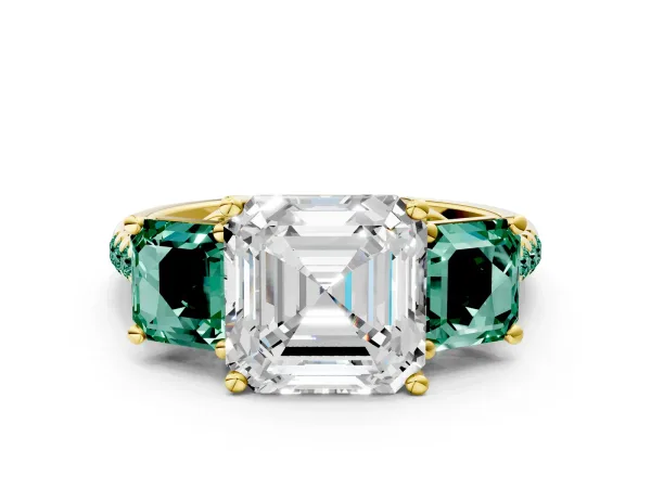 Three-Stone Asscher Cut Diamond Ring with Round Green Sapphire Pavé Band and Prong Setting Yellow gold