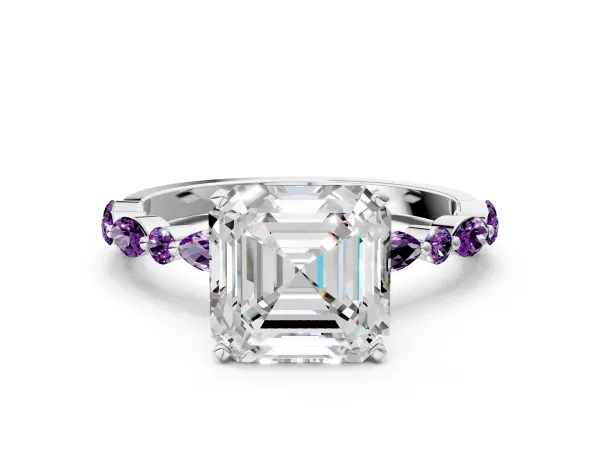 Asscher Cut Diamond Ring with Marquise and Round Amethyst Side Stones and Four-Prong Setting Platinum
