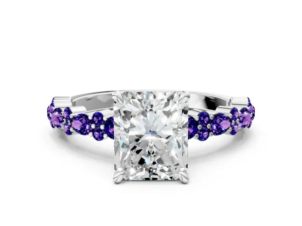 Radiant Cut Diamond Side Stone Solitaire Ring with Round Tanzanite and Four-Prong Setting White gold