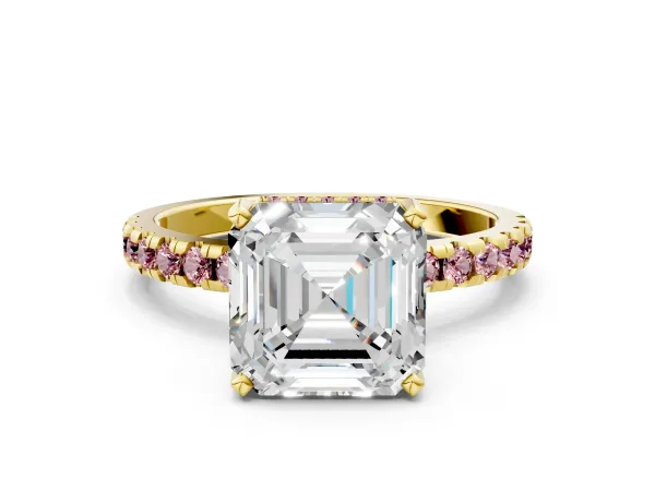 Asscher Cut Diamond Solitaire Ring with Round Morganite Pavé Band and Four-Prong Setting Yellow gold