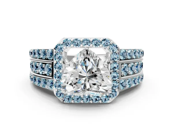 Heart Cut Halo Diamond Ring with Round Aquamarine Split Shank and Prong Setting Silver