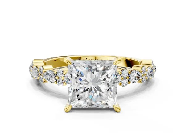 Princess Cut Diamond Side Stone Solitaire Ring with Round and Four-Prong Setting Yellow gold