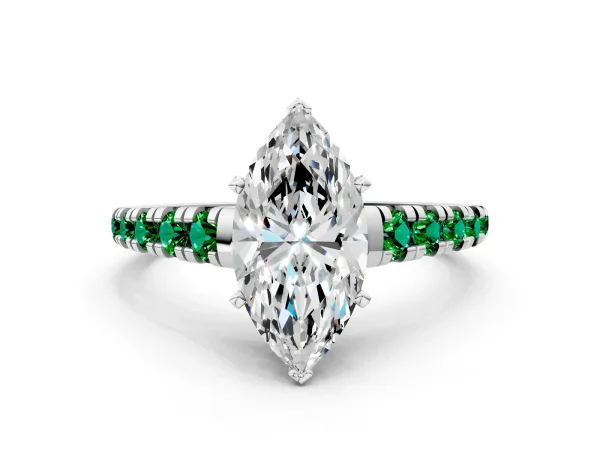 Marquise Cut Diamond Cathedral Solitaire Ring with Round Emerald Pavé Band White gold