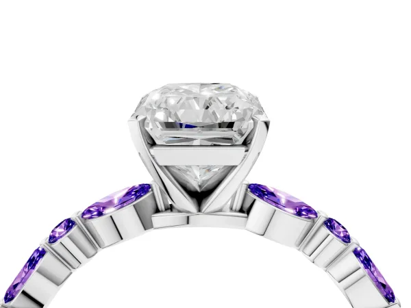 Radiant Cut Diamond Ring with Marquise and Round Tanzanite Side Stones and Four-Prong Setting Platinum