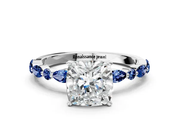 Cushion Cut Diamond Ring with Marquise and Round Blue Sapphire Side Stones and Four-Prong Setting Platinum