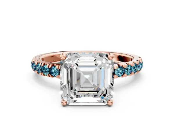 Asscher Cut Diamond Pave Band Solitaire Ring with Round Blue Topaz and Prong Setting Rose gold