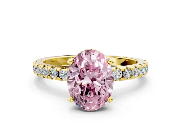 Fancy Pink Oval Cut Diamond Solitaire Ring with Round Pavé Band and Four-Prong Setting Yellow gold