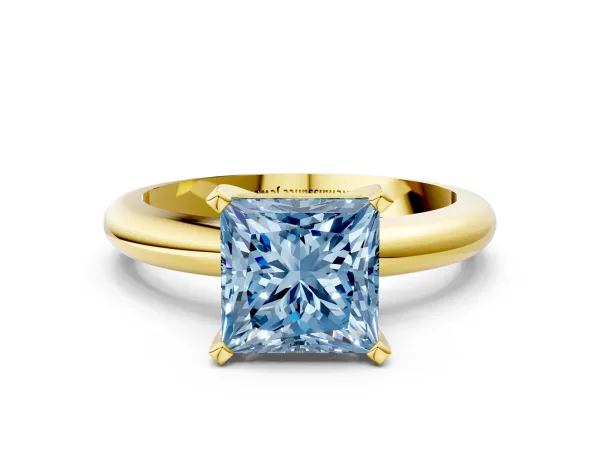 Fancy Blue Princess Cut Diamond Solitaire Engagement Ring with Round Band and Four-Prong Setting Yellow gold