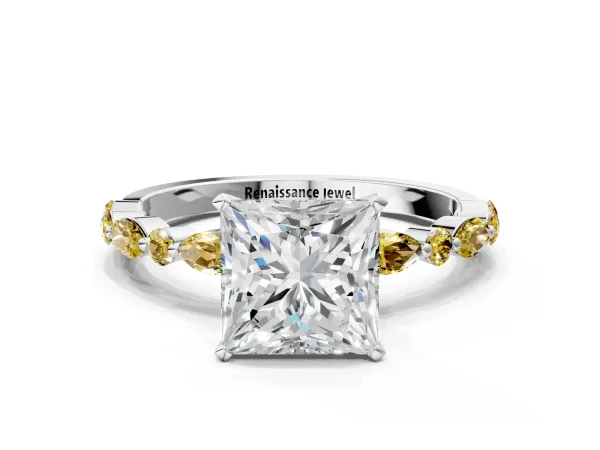 Princess Cut Diamond Ring with Marquise and Round Yellow Sapphire Side Stones and Four-Prong Setting Platinum