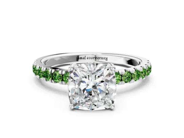 Cushion Cut Diamond Pave Band Solitaire Ring with Round Peridot and Prong Setting White gold