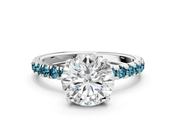 Round Cut Diamond Pave Band Solitaire Ring with Round Blue Topaz and Prong Setting Platinum
