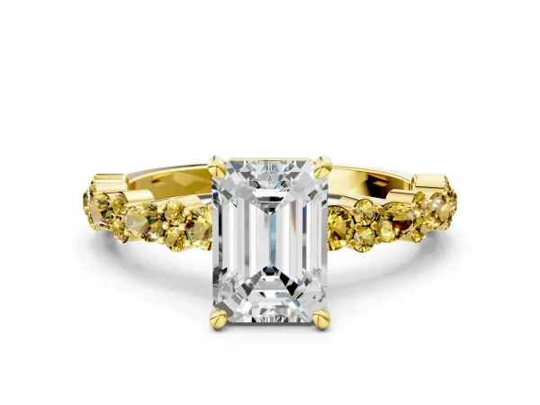 Emerald Cut Diamond Side Stone Solitaire Ring with Round Yellow Sapphire and Four-Prong Setting Yellow gold