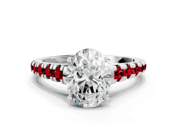 Oval Cut Diamond Cathedral Solitaire Ring with Round Ruby Pavé Band White gold
