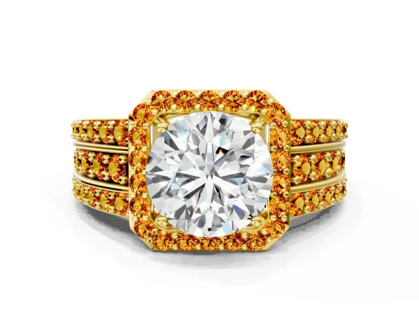 Round Cut Halo Diamond Ring with Round Citrine Split Shank and Prong Setting Yellow gold
