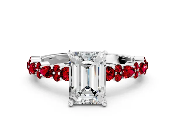 Emerald Cut Diamond Side Stone Solitaire Ring with Round Ruby and Four-Prong Setting White gold