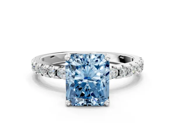 Fancy Blue Radiant Cut Diamond Solitaire Ring with Round Pavé Band and Four-Prong Setting Silver