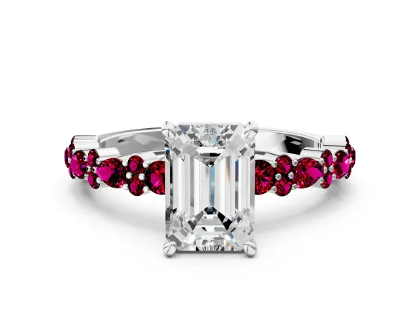 Emerald Cut Diamond Side Stone Solitaire Ring with Round Garnet and Four-Prong Setting White gold