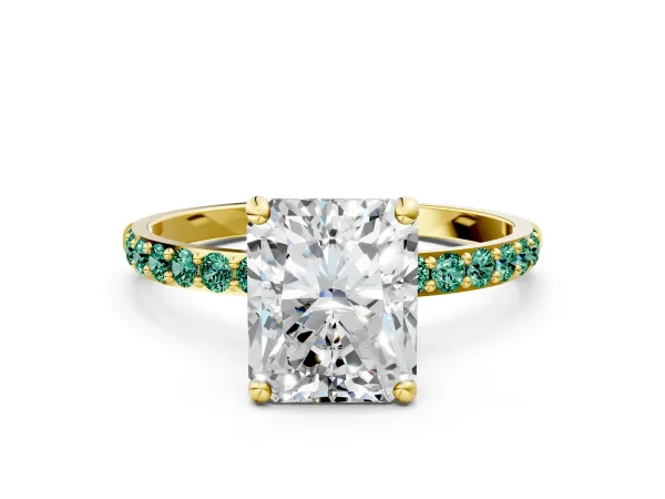 Radiant Cut Diamond Solitaire Ring with Round Green Sapphire Pavé Band and Prong Setting Yellow gold