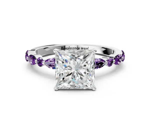 Princess Cut Diamond Ring with Marquise and Round Amethyst Side Stones and Four-Prong Setting Platinum