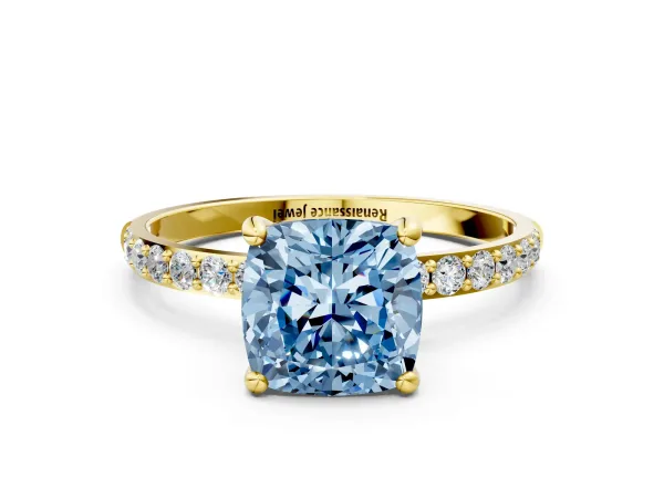 Fancy Blue Cushion Cut Diamond Solitaire Ring with Round Pavé Band and Prong Setting Yellow gold