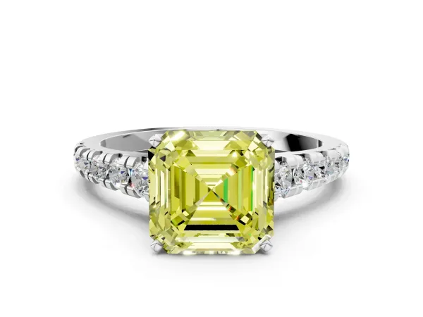Fancy Yellow Asscher Cut Diamond Cathedral Solitaire Ring with Round Pavé Band Platinum