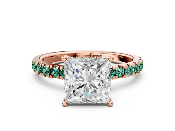 Princess Cut Diamond Pave Band Solitaire Ring with Round Green Sapphire and Prong Setting Rose gold
