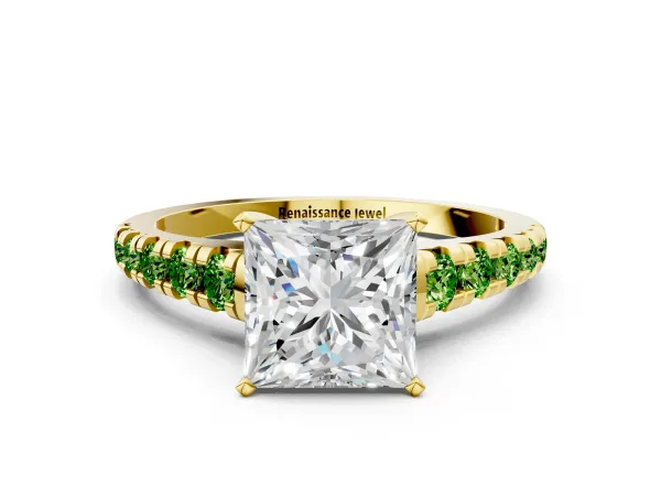 Princess Cut Diamond Cathedral Solitaire Ring with Round Peridot Pavé Band Yellow gold