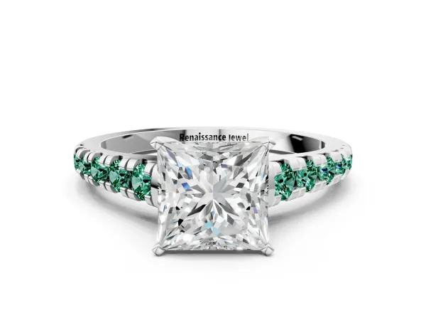Princess Cut Diamond Cathedral Solitaire Ring with Round Green Sapphire Pavé Band Platinum