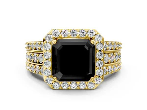 Fancy Black Asscher Cut Halo Diamond Ring with Round Split Shank and Prong Setting Yellow gold