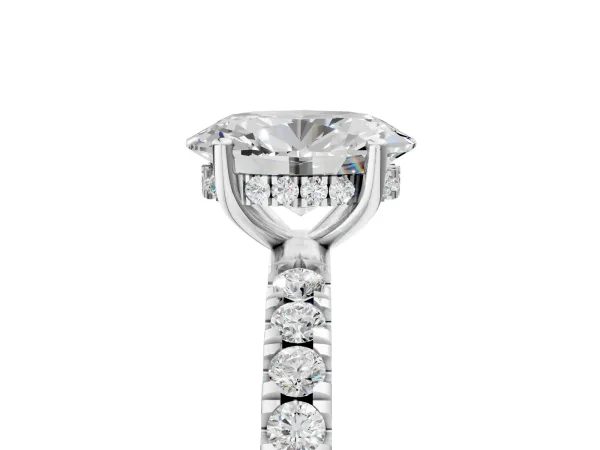 Oval Cut Diamond Pave Band Solitaire Ring with Round Moissanite and Prong Setting Silver