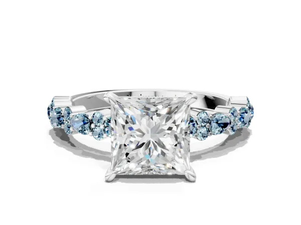 Princess Cut Diamond Side Stone Solitaire Ring with Round Aquamarine and Four-Prong Setting Platinum