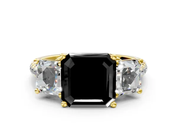 Fancy Black Three-Stone Asscher Cut Diamond Ring with Round Pavé Band and Prong Setting Yellow gold