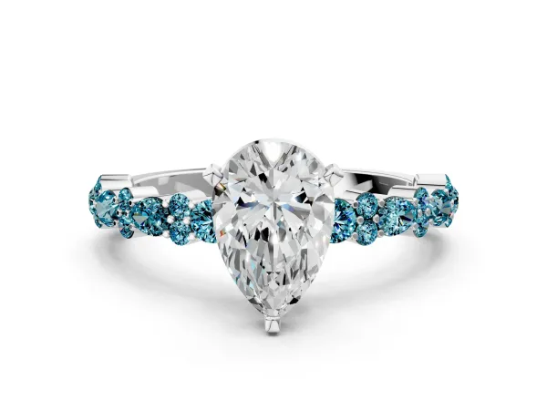 Pear Cut Diamond Side Stone Solitaire Ring with Round Blue Topaz and Four-Prong Setting Platinum