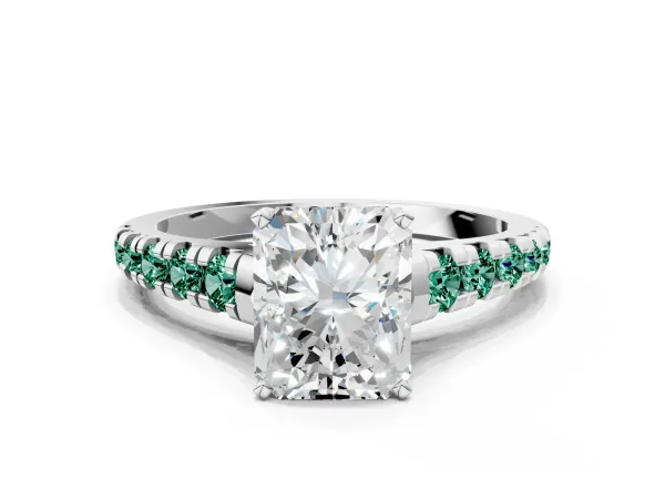Radiant Cut Diamond Cathedral Solitaire Ring with Round Green Sapphire Pavé Band Platinum