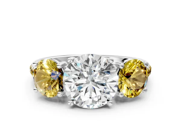 Three-Stone Round Cut Diamond Ring with Round Yellow Sapphire Pavé Band and Prong Setting White gold
