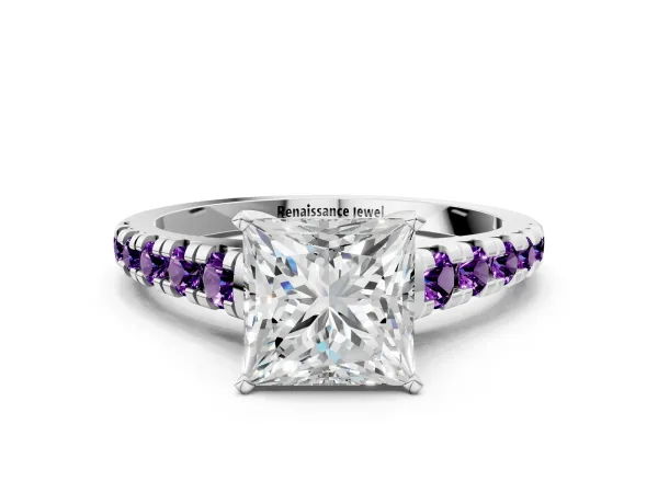 Princess Cut Diamond Cathedral Solitaire Ring with Round Amethyst Pavé Band Platinum
