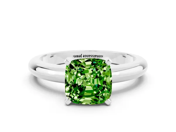 Cushion Cut Peridot Solitaire Engagement Ring with Round Band and Four-Prong Setting White gold
