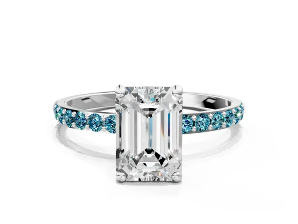 Emerald Cut Diamond Solitaire Ring with Round Blue Topaz Pavé Band and Prong Setting Platinum