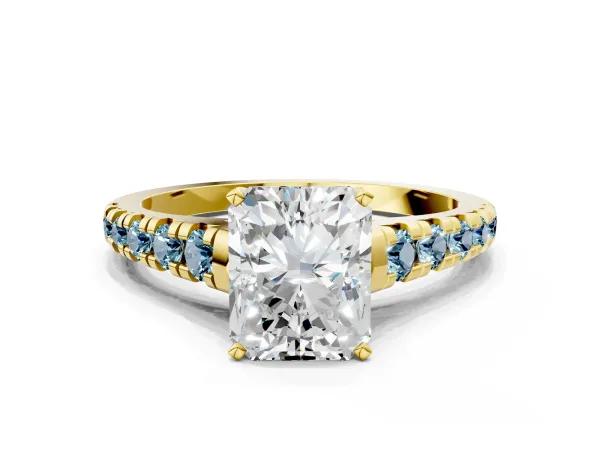Radiant Cut Diamond Cathedral Solitaire Ring with Round Aquamarine Pavé Band Yellow gold