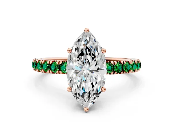 Marquise Cut Diamond Pave Band Solitaire Ring with Round Emerald and Prong Setting Rose gold