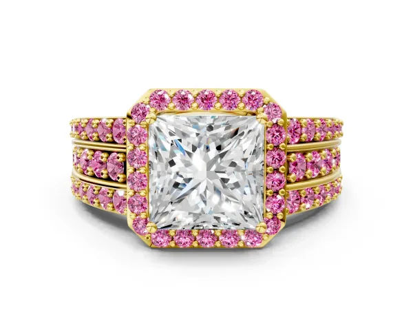 Princess Cut Halo Diamond Ring with Round Pink Sapphire Split Shank and Prong Setting Yellow gold