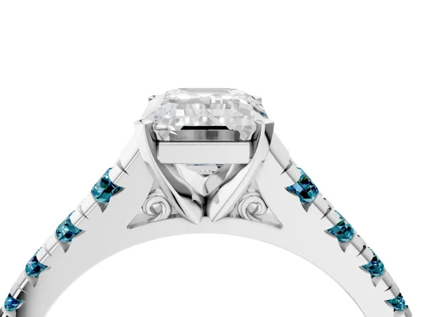 Emerald Cut Diamond Cathedral Solitaire Ring with Round Blue Topaz Pavé Band Platinum